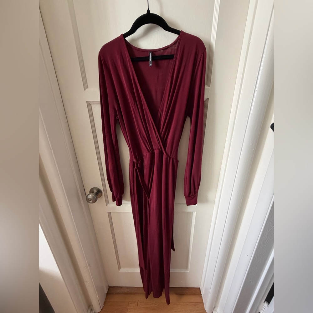 Long Sleeve Wrap Jumpsuit in Burgundy